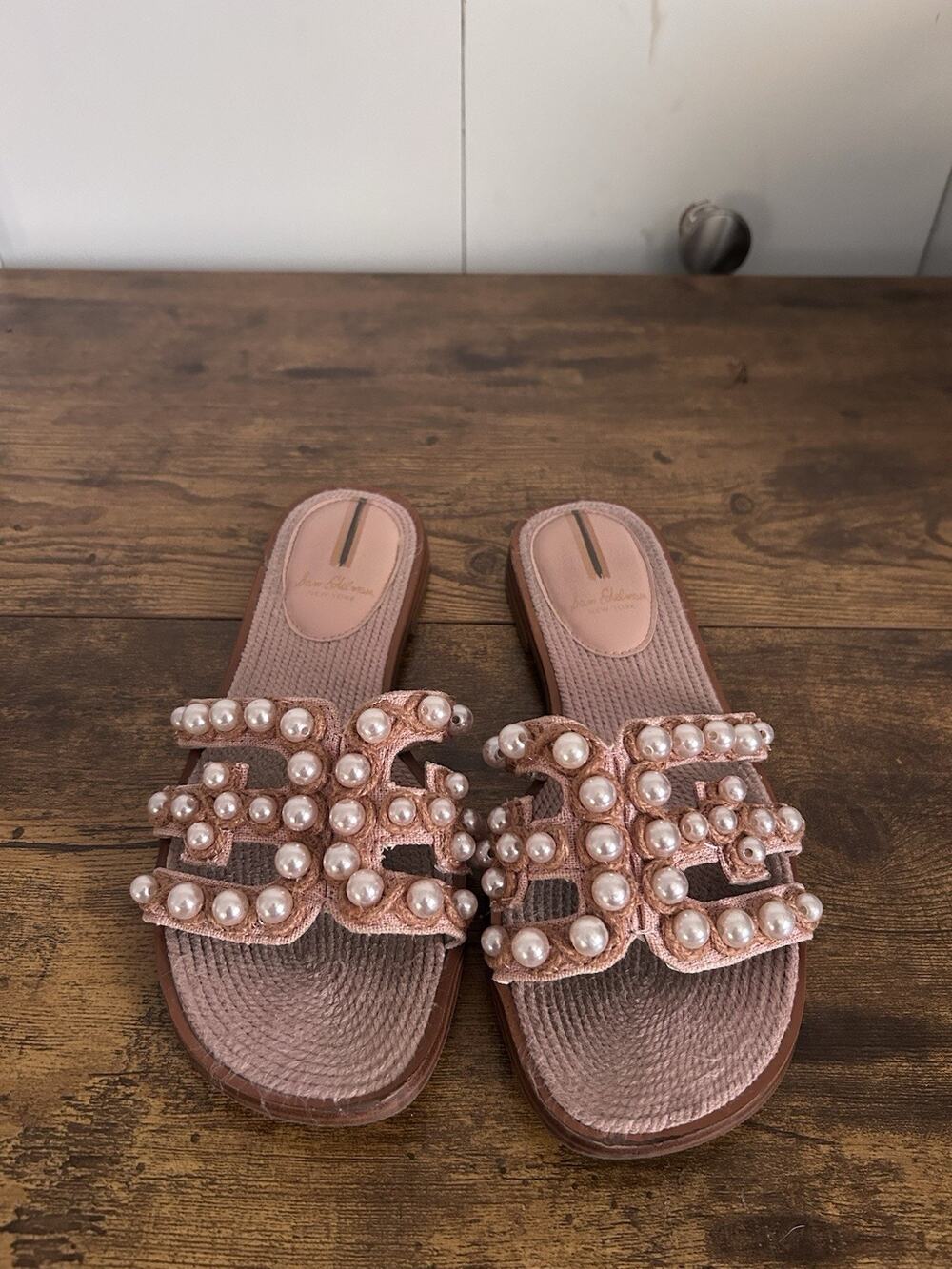 Sam Edelman Bay 22 Faux Pearl Slides with Double E - Yute Sole Misty Rose SZ 7.5